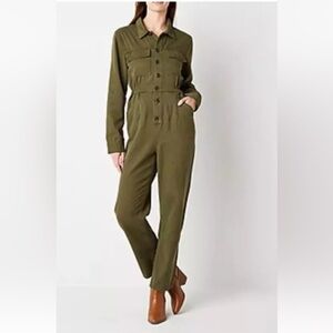 a.n.a. Womens Large Tencel Cargo Jumpsuit Army Green Oregano Utility Long Sleeve